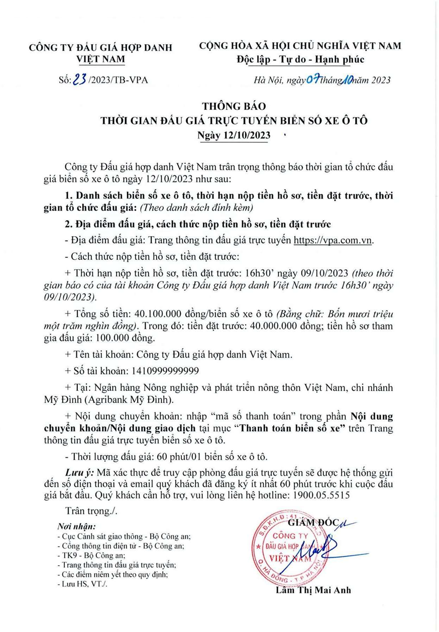 Thông báo phiên đấu giá trực tuyến biển số xe ô tô ngày 12/10/2023.