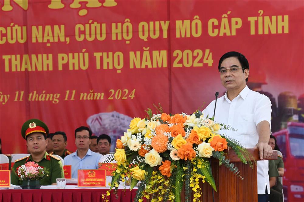 Đồng chí Nguyễn Thanh Hải, Phó Chủ tịch Ủy ban ban nhân dân tỉnh phát biểu khai mạc buổi diễn tập.,