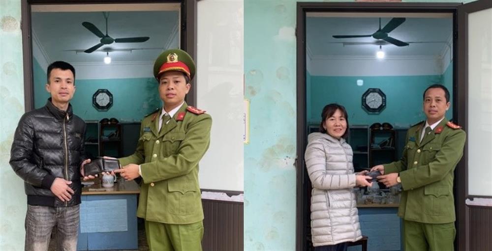 Đại úy Dương Văn Trọng, Phó trưởng Công an xã Thung Nai trao trả tài sản cho anh Hiếu và chị Trà.