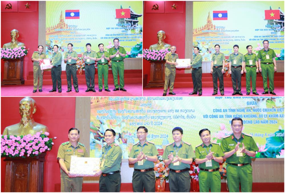Đoàn đại biểu Công an tỉnh Nghệ An và Công an 03 tỉnh Hủa Phăn, Xiêng Khoảng, Bo Ly Khăm Xay trao quà tặng nhau, mong muốn sự hợp tác toàn diện giữa các bên ngày càng phát triển.