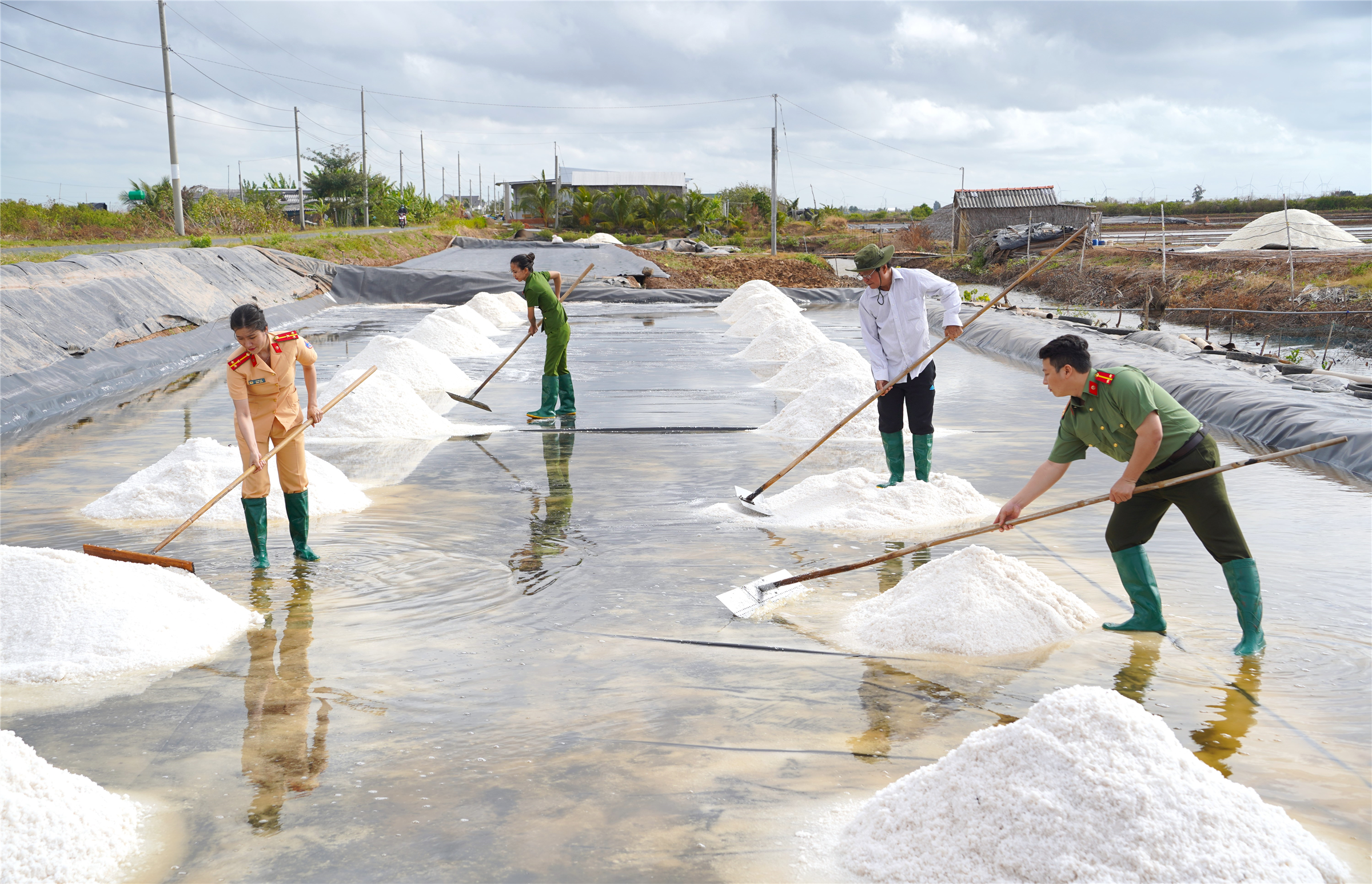 Lực lượng Công an tích cực hỗ trợ diêm dân thu hoạch muối.
