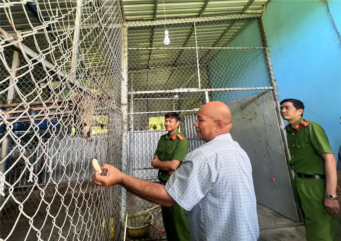 Lực lượng Công an xã Khánh An tham quan Mô hình nuôi chồn giống và chồn thịt của anh Nguyễn Việt Thương.