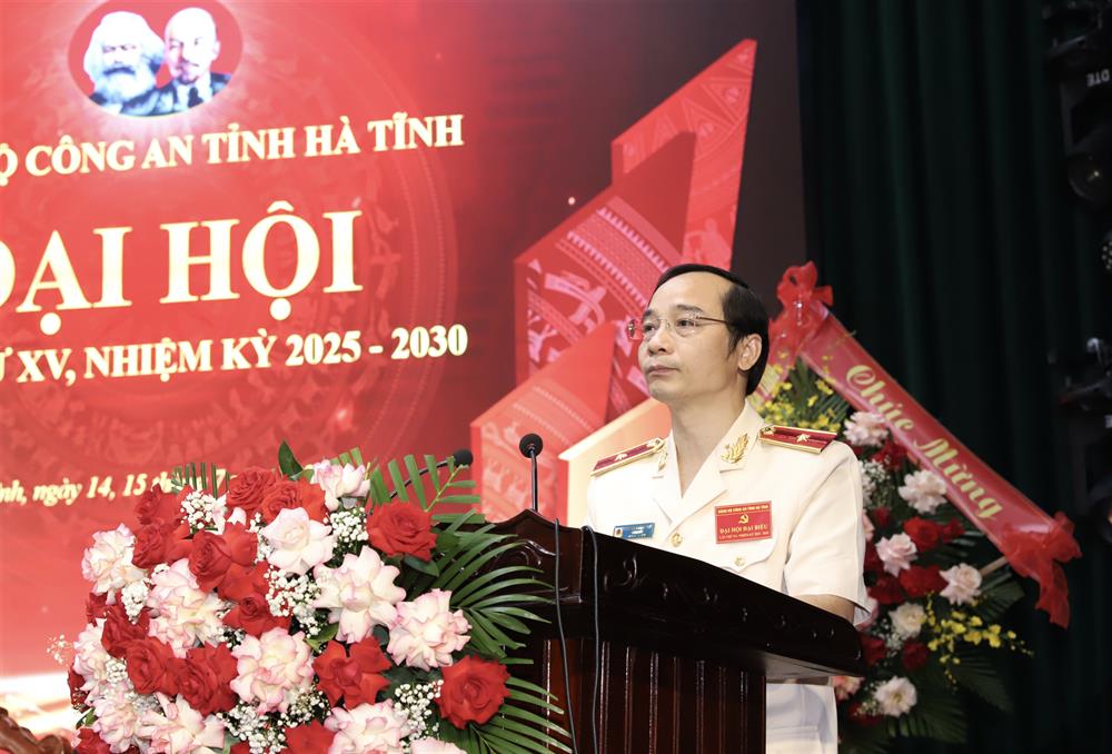 Thiếu tướng Nguyễn Xuân Thao, Giám đốc Công an tỉnh Hà Tĩnh phát biểu khai mạc Đại hội.