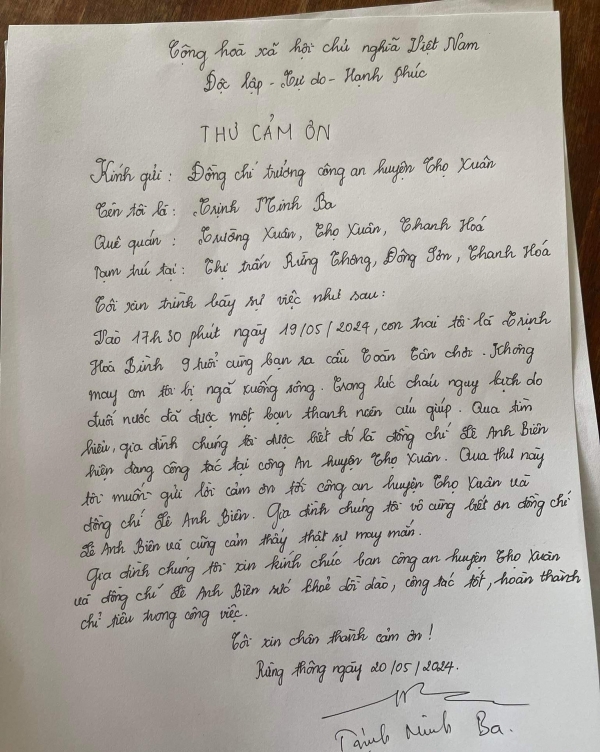 Thư cảm ơn của gia đình cháu Trịnh Hoà B.