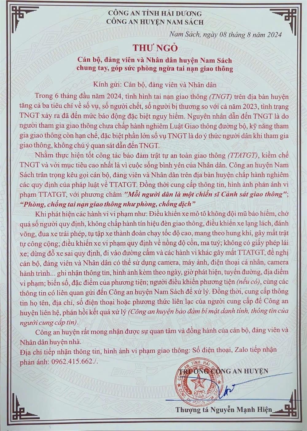 Thư ngỏ của Công an huyện Nam Sách.