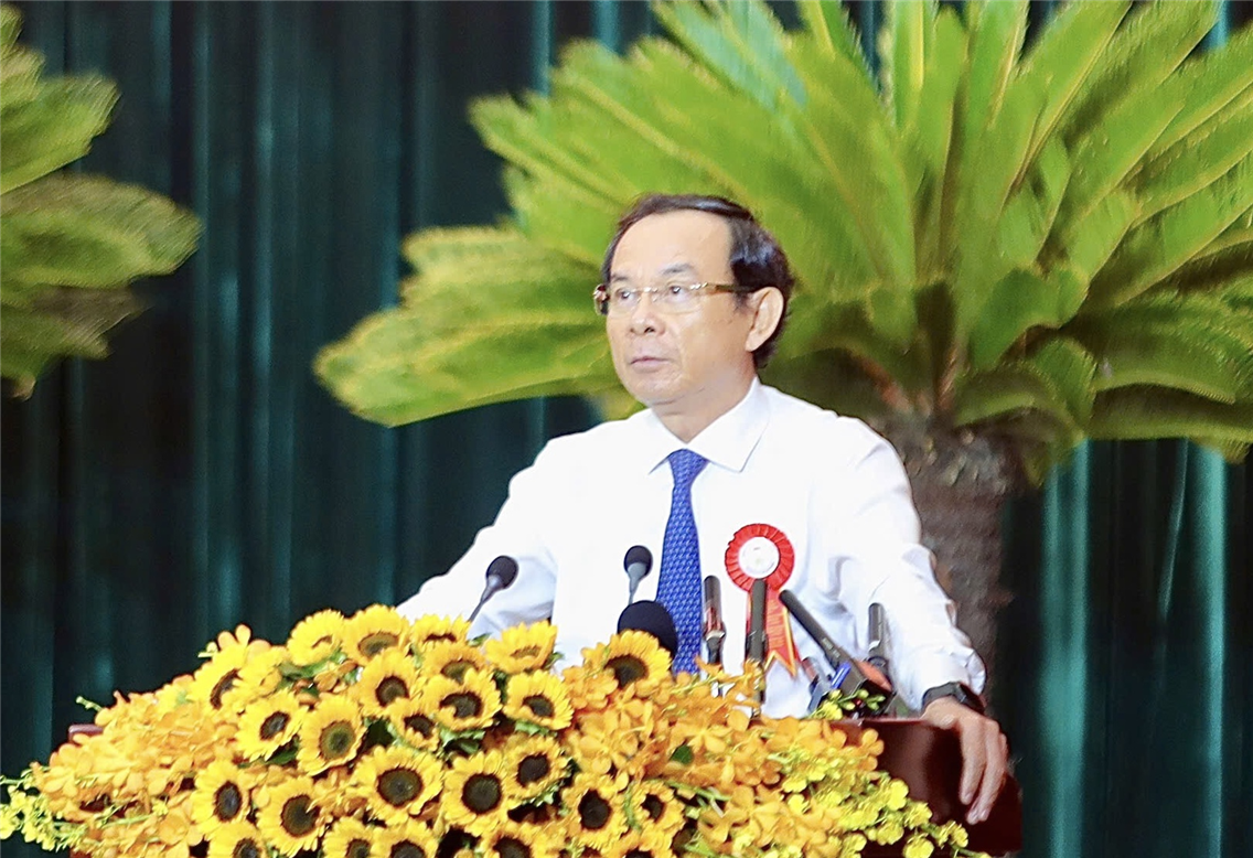 Đồng chí Nguyễn Văn Nên, Uỷ viên Bộ Chính trị, Bí thư Thành uỷ Thành phố Hồ Chí Minh phát biểu.