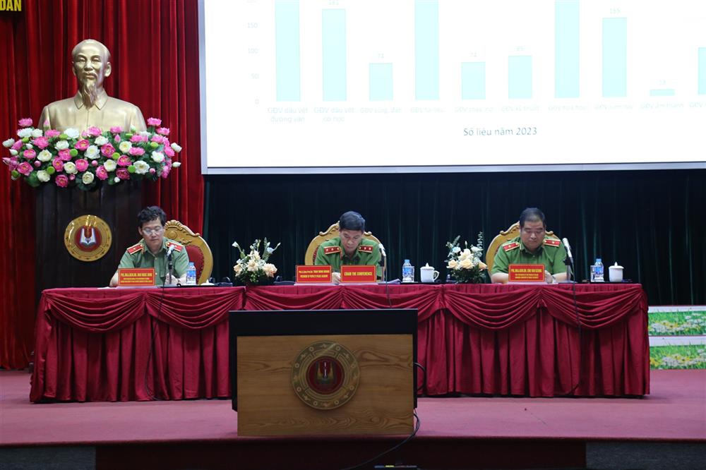Trung tướng, GS.TS Trần Minh Hưởng, Giám đốc Học viện CSND; Thiếu tướng, TS Đào Ngọc Dinh, Phó Cục trưởng Cục Khoa học Chiến lược và Lịch sử Công an; Thiếu tướng, TS Chử Văn Dũng, Phó Giám đốc Học viện CSND đồng chủ trì hội thảo.