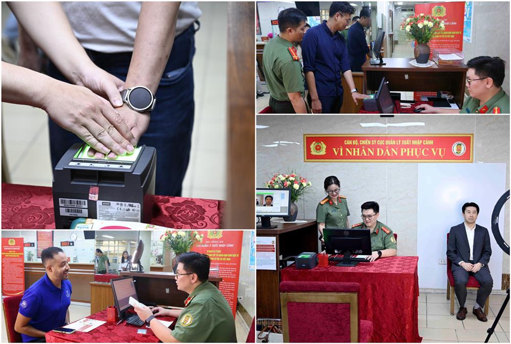 Cán bộ, chiến sĩ Cục Quản lý xuất nhập cảnh tận tình hướng dẫn người nước ngoài thủ tục đăng ký định danh diện tử. 
