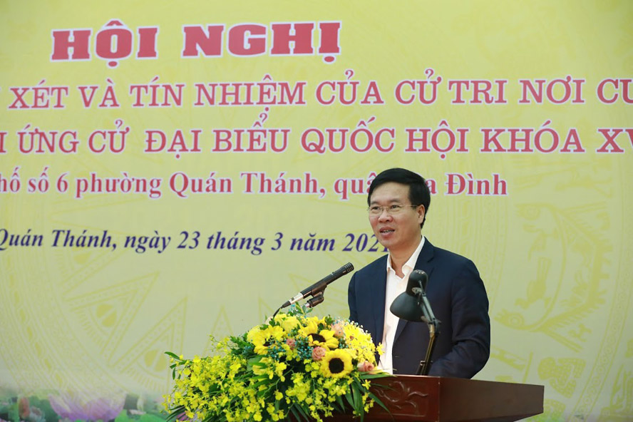 Thường trực Ban Bí thư Võ Văn Thưởng đại diện các đồng chí ứng cử đại biểu Quốc hội khóa XV phát biểu tiếp thu ý kiến cử tri.