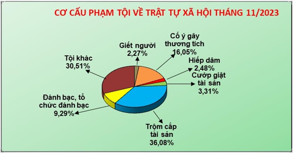 Biểu đồ cơ cấu tội phạm về trật tự xã hội tháng 11/2023.